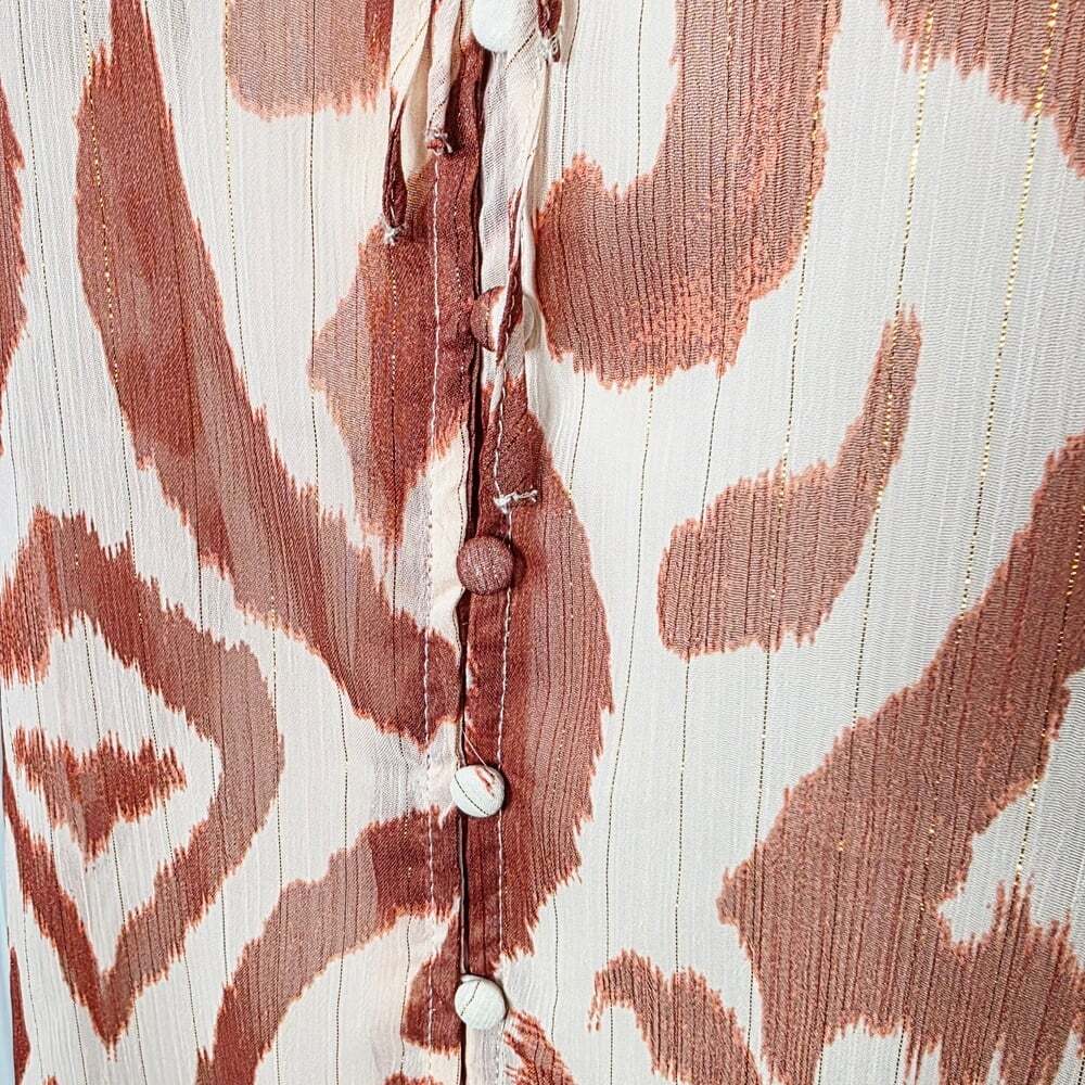 Sheer Women's Ruffle-Neck Button Front Blouse - Cream & Rust - Picture 4 of 9